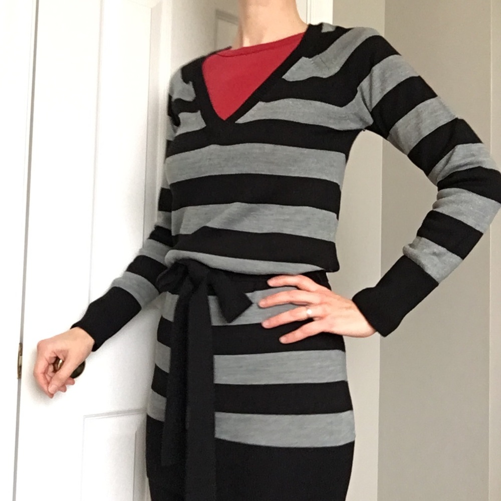 Long, Belted Striped V-neck Sweater by French Connection